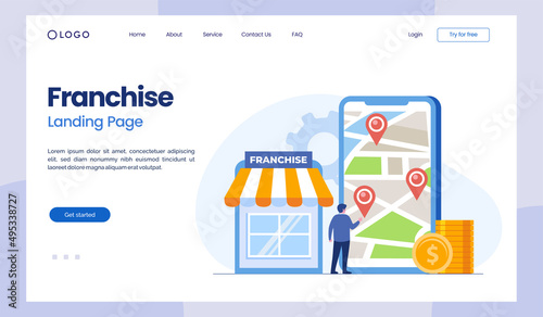 Franchise. Franchising business branch expansion. Small enterprise, company, shop, retail store or service network, flat illustration vector landing page