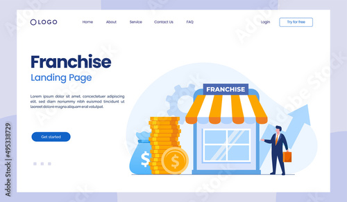 Franchise. Franchising business branch expansion. Small enterprise, company, shop, retail store or service network, flat illustration vector landing page