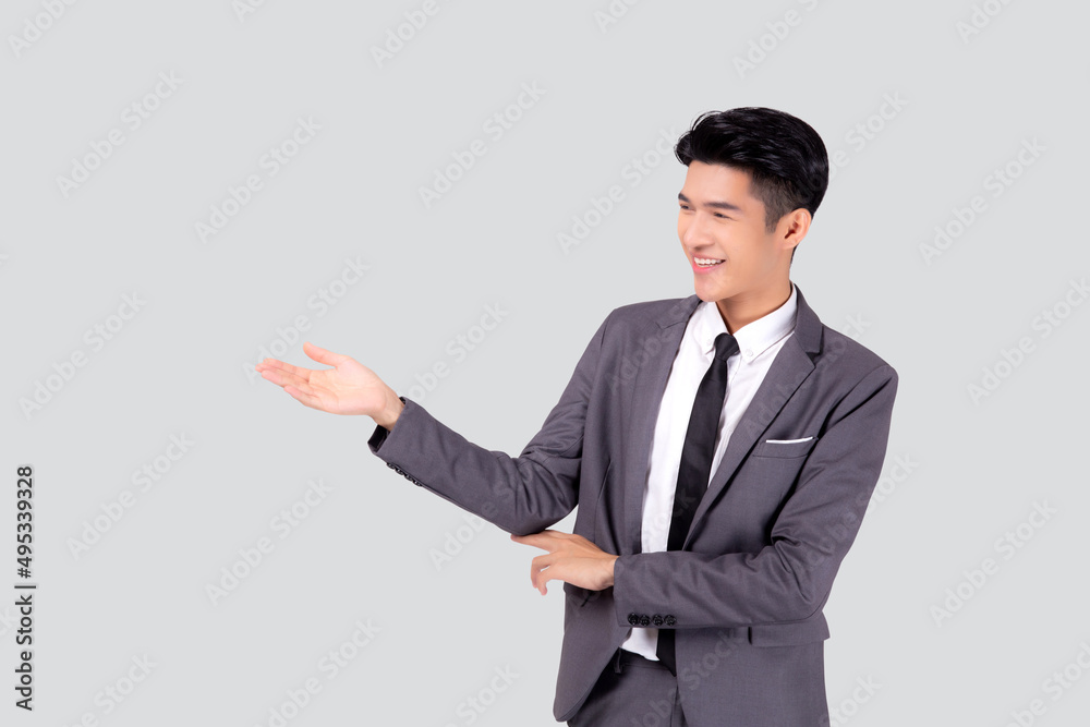 Portrait young asian business man in suit presenting isolated on white background, advertising and marketing, executive and manager, male confident showing success, expression and emotion. Portrait young asian business man in suit presenting isolated on white background, advertising and marketing, executive and manager, male confident showing success, expression and emotion.