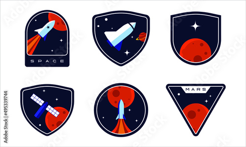 Set of space badges, patches, emblems, badges and labels. galaxy exploration and astronaut mission vector design.