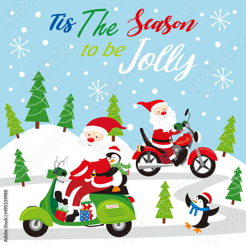 christmas card with santa riding motor bike