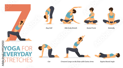 9 Yoga poses or asana posture for workout in filling energised concept. Women exercising for body stretching. Fitness infographic. Flat cartoon vector