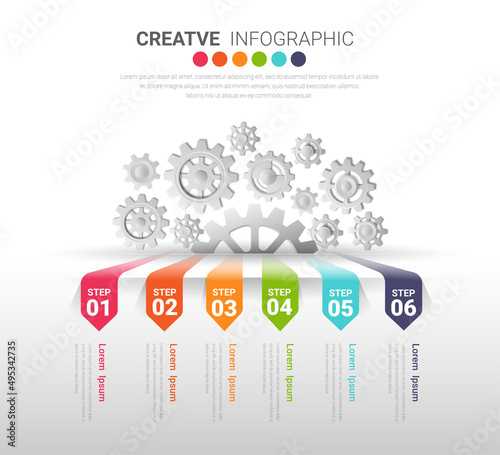 Industry presentation model with gears cogwheels 6 steps. Concept of coordinated work, mechanical process, functioning mechanism. Modern infographic design template.  © auchara