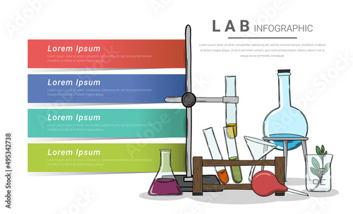 Biology laboratory for Infographics presentation concept. Learning chemistry and physics by experiments in lab vector illustration
