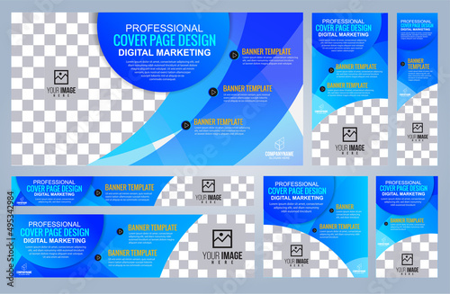 Set of Blue Web banners templates, Coverpage Standard sizes with space. Vector illustration