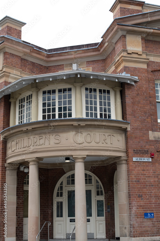 Outside the Children's Court in Albion Street, Surry Hills, Sydney, New South Wales, Australia. Heritage-listed, federation building re-opened as a children's court in 2015. Outside the Children's Court in Albion Street, Surry Hills, Sydney, New South Wales, Australia. Heritage-listed, federation building re-opened as a children's court in 2015.