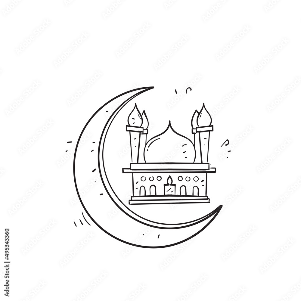 hand drawn doodle mosque and crescent symbol for islamic religion illustration vector isolated