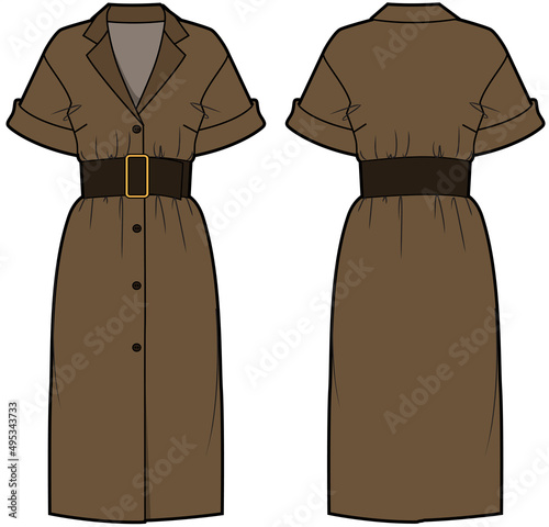 Women Office Wear Dress, Notch Lapel Collar Knee Length Dress with Belt Front and Back View fashion illustration, Vector, CAD, technical drawing, flat drawing.