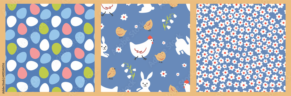 Easter vector seamless pattern collection. Background for wrapping paper, wallpaper and fabric. illustration:chicken, eggs, flowers
