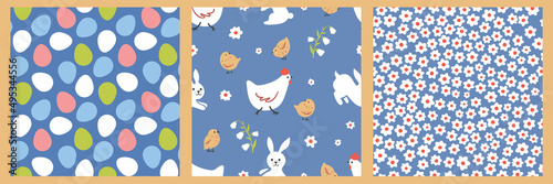 Easter vector seamless pattern collection. Background for wrapping paper, wallpaper and fabric. illustration:chicken, eggs, flowers