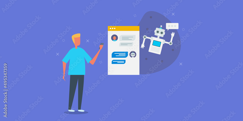 Online customer having conversation with intelligent chatbot, robot answering to queries, problem solving communication technology solution for digital business, flat design web banner template. Online customer having conversation with intelligent chatbot, robot answering to queries, problem solving communication technology solution for digital business, flat design web banner template.
