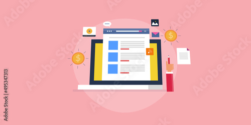 Blogging -content publishing on web, freelance journal writing,  make money with blog advertising, review, affiliate marketing concept, flat design web banner template.
