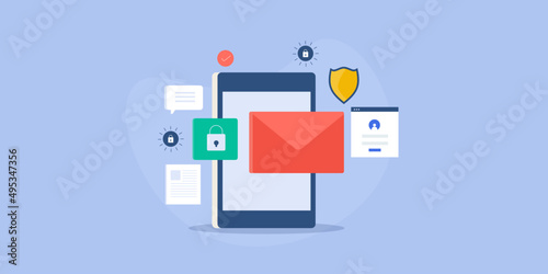 Mobile security application, secure login access to mobile email app, data protection, internet communication cyber security software with shield and lock, vector illustration concept, web banner.