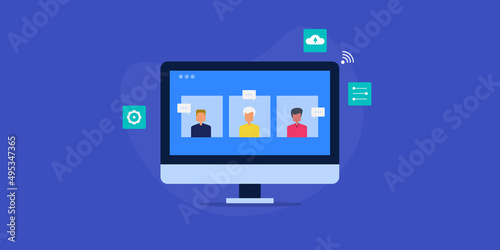 Business colleagues in a virtual meeting, online video conference, video chat software application running on desktop screen. Internet communication technology, flat design web banner template. 