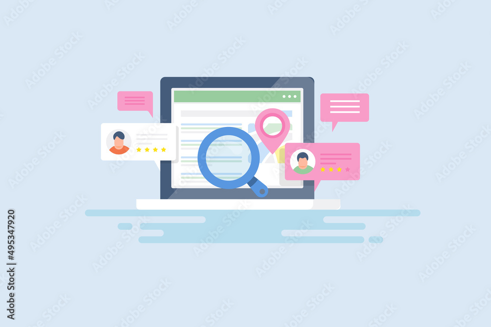 flat design concept for web seo, local marketing on search engine page, business listing, map pointer, customer review for shop on laptop screen. flat design concept for web seo, local marketing on search engine page, business listing, map pointer, customer review for shop on laptop screen.