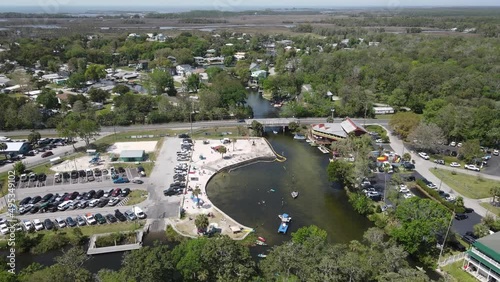 perfect aerial of the gulf coast in the distance and Roger's Park in Weeki Wachee, Florida.  Old Florida outdoors and relaxation paradise. photo