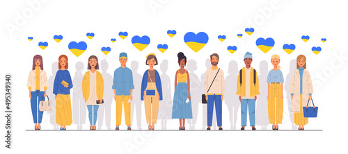 people against war male female Ukrainian characters with blue yellow flags pray for Ukraine peace and freedom save Ukraine from russia