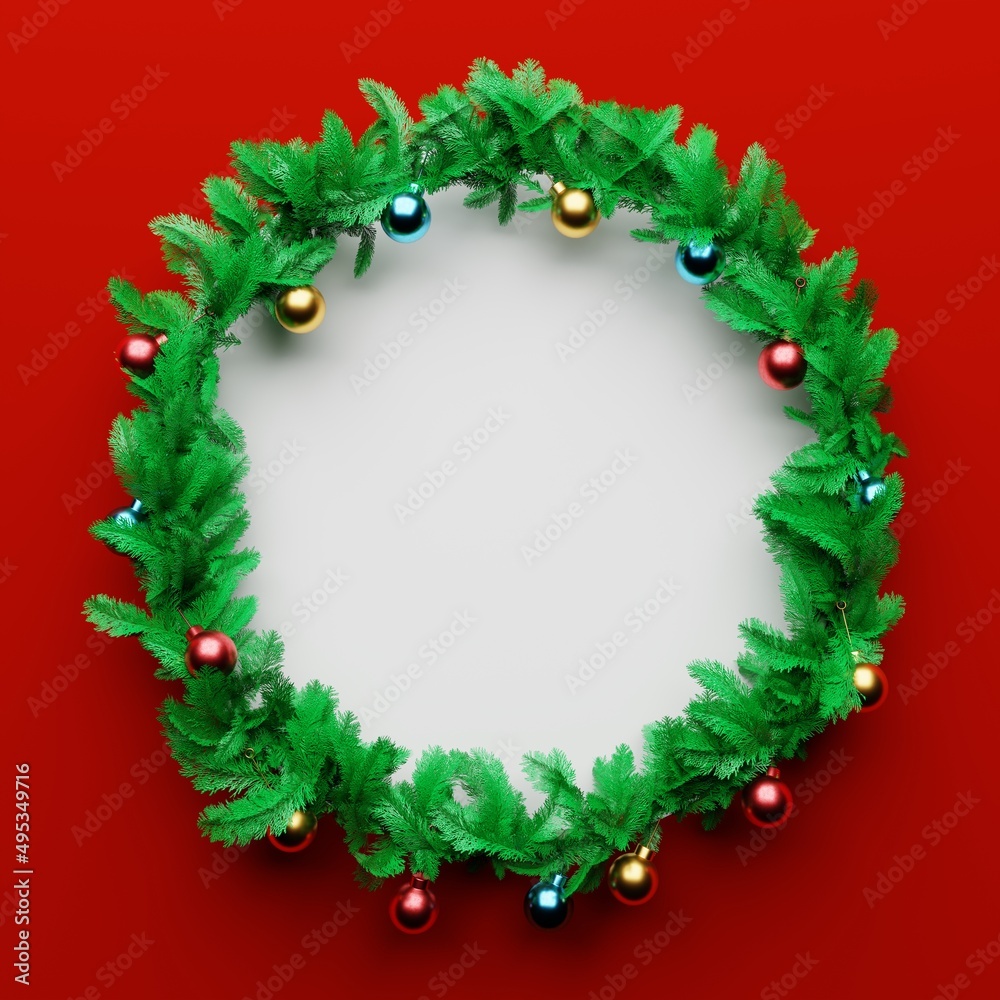 Christmas garland pine decoration with empty space in the middle on red and white background. Xmas holiday culture and new year concept. 3D illustration rendering Christmas garland pine decoration with empty space in the middle on red and white background. Xmas holiday culture and new year concept. 3D illustration rendering