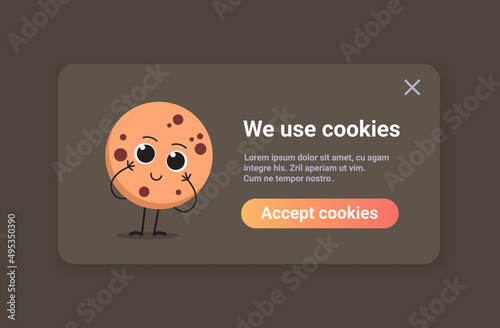 protection of personal information cookie mascot character with internet web pop up we use cookies policy notification