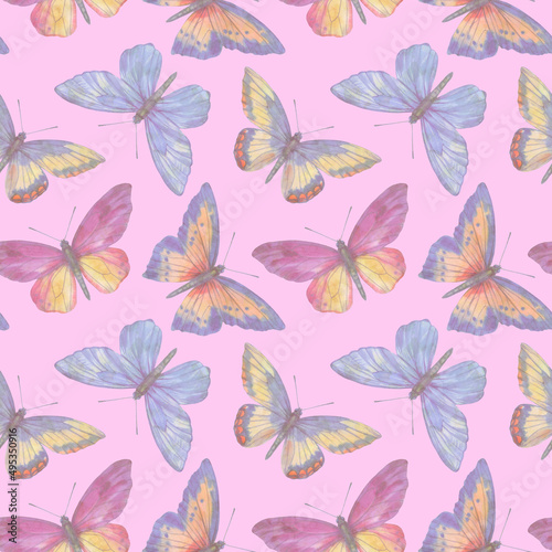Bright watercolor butterflies collected in a seamless pattern. Botanical ornament on a colored background for design, print, wallpaper, fabric.