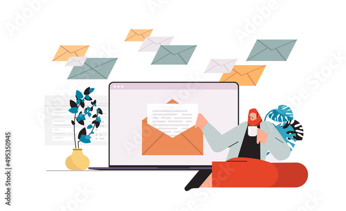 businesswoman sending or receiving letters email inbox message notification new unread mail business communication