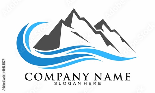 Rock mountain and wave illustration vector logo