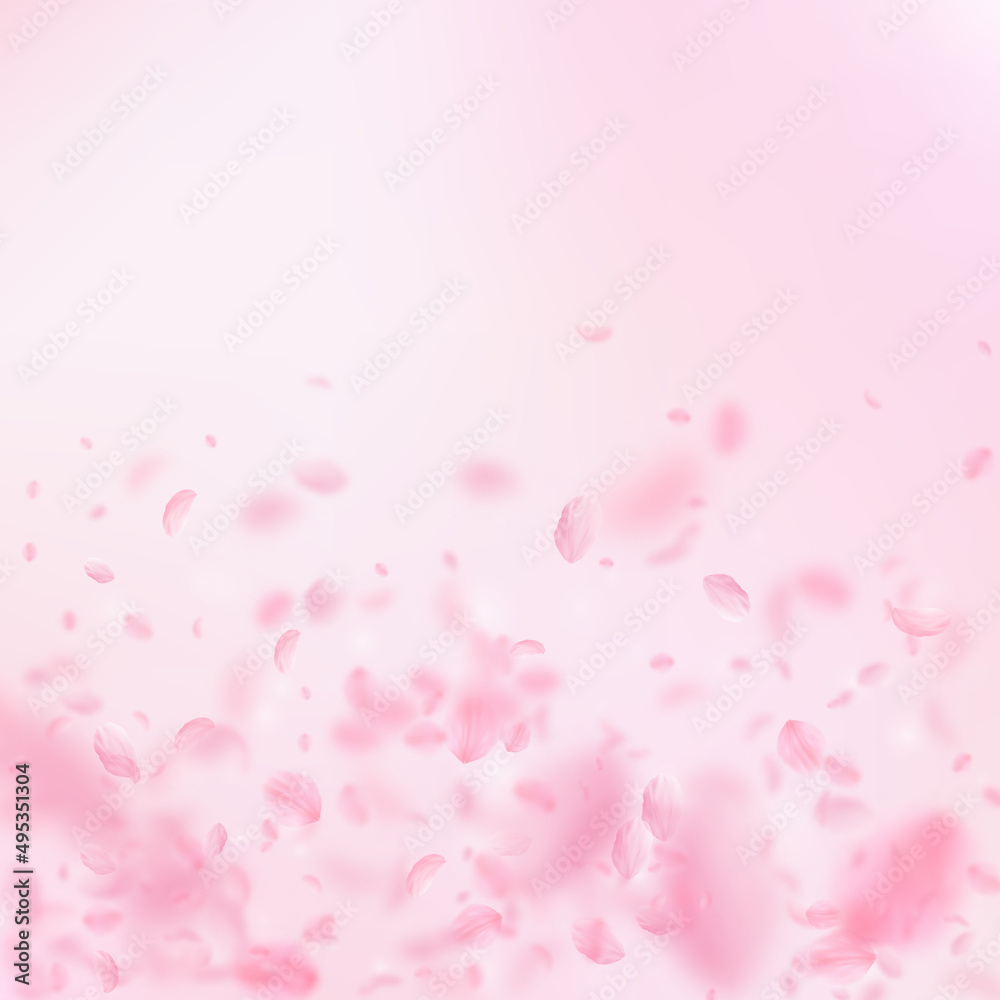 Sakura petals falling down. Romantic pink flowers gradient. Flying petals on pink square background. Love, romance concept. Sublime wedding invitation.