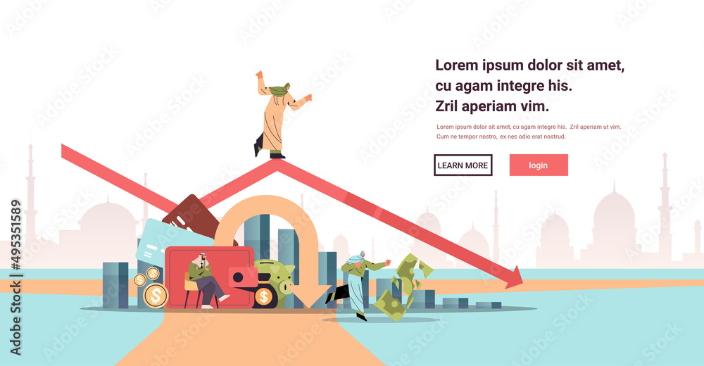 arab businesswoman standing on downward red arrow recession financial crisis bankruptcy concept arab businesswoman standing on downward red arrow recession financial crisis bankruptcy concept