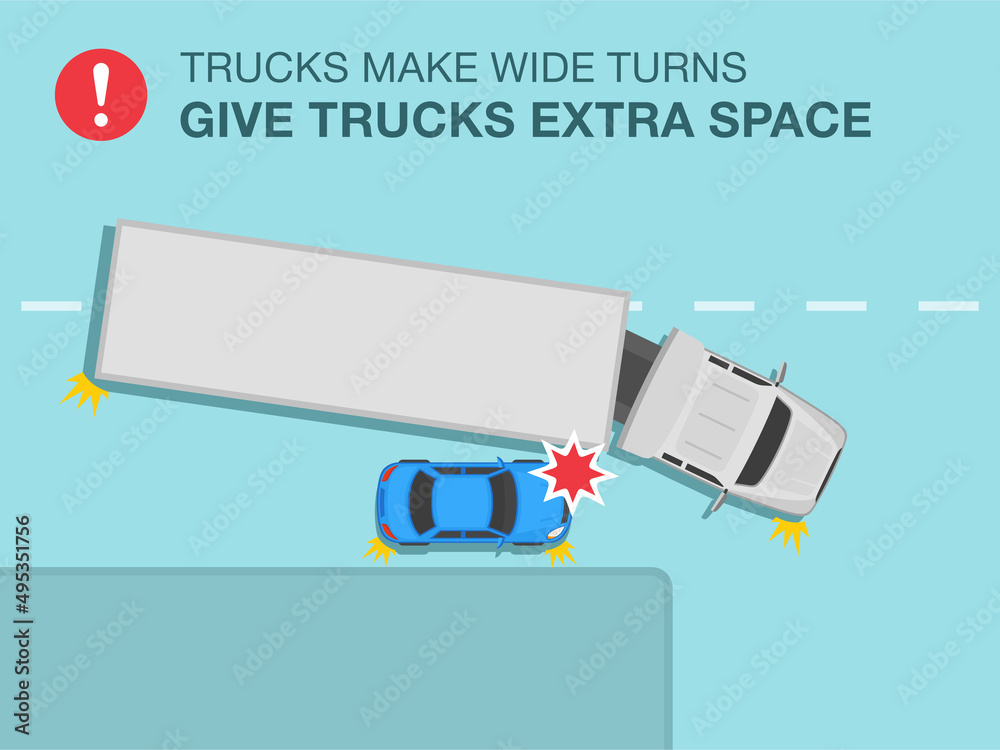 Safety driving and traffic regulation rules. Semitruck turning right