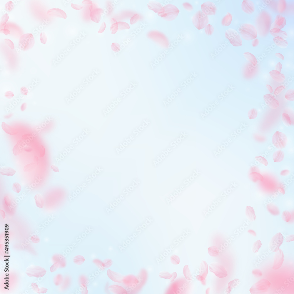Sakura petals falling down. Romantic pink flowers frame. Flying petals on blue sky square background. Love, romance concept. Modern wedding invitation.