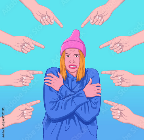 Hands pointing fingers on a girl woman feeling uncomfortable and scared  vector illustration.