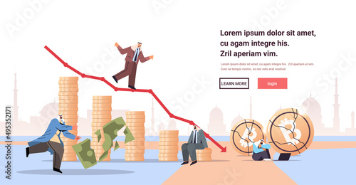arab businessman standing on downward red arrow recession financial crisis bankruptcy concept