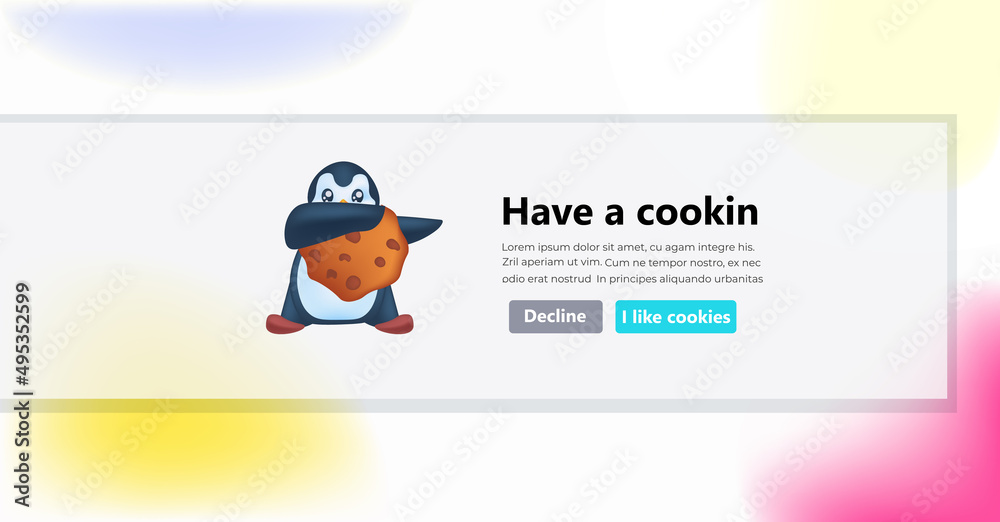 cute penguin holding cookie protection of personal information internet web pop up we use cookies policy notification