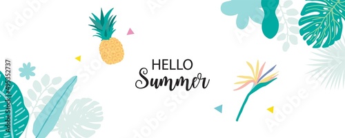hello summer sale background with leaf and pineapple