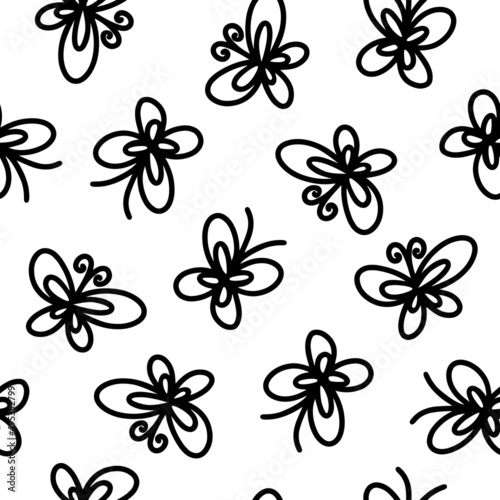 abstract black and white seamless pattern of black butterflies, background, stripes, insects. hand drawn abstract background from lines. Hand drawn ink drawing and texture. Vector illustration © Татьяна Пивоварова