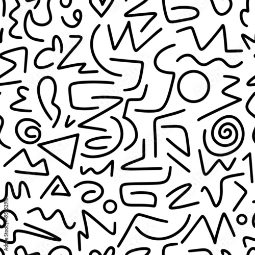 abstract black and white seamless pattern of black lines  background  stripes  circles  doodle spirals. hand drawn abstract background from lines. Hand drawn ink drawing and texture