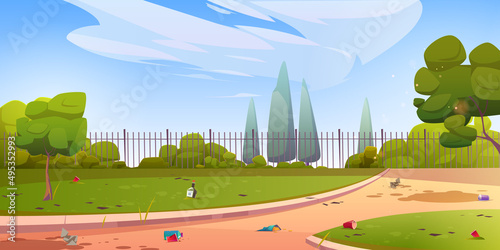 Dirty park or garden with garbage on paths and lawn. Vector cartoon illustration of summer landscape with green trees, bushes, grass, metal fence and trash, plastic cups, bottle and paper