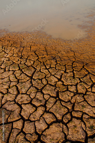 Dried lake and river on summer, Water crisis at thailand and Climate change or drought concept.