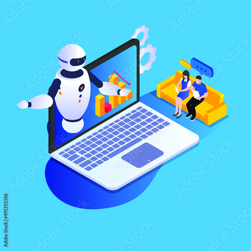 Robot trading on laptop computer isometric 3d vector illustration for banner, website, illustration, landing page, template, etc