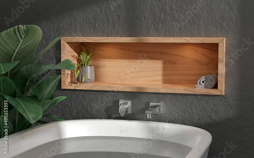 wood shelf on concrete cement wall in natural bathroom with calathea lutea plant photo