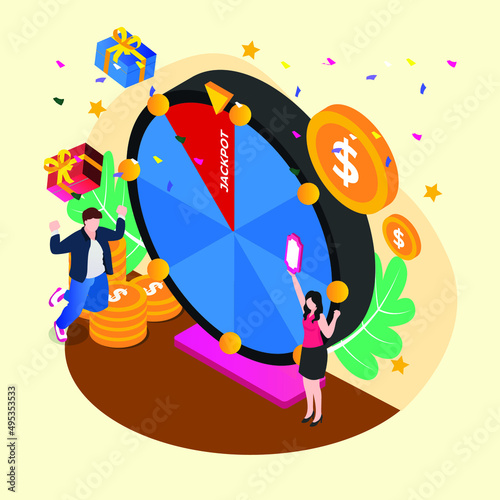 Happy fortune wheel winner isometric 3d vector illustration for banner, website, illustration, landing page, template, etc
