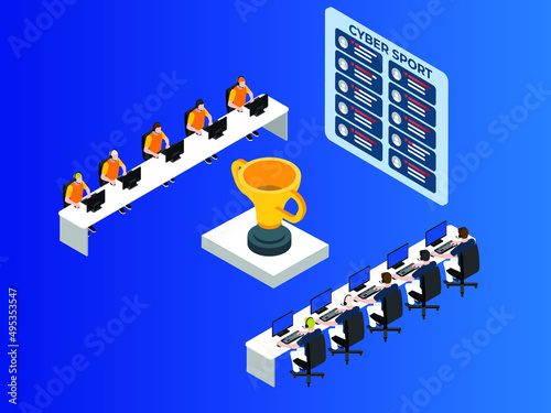 Cybersport tournament with a gold trophy in the middle isometric 3d vector illustration for banner, website, illustration, landing page, template, etc