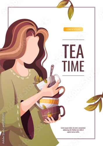 Flyer design with woman with stack of teacups. Tea shop, cafe-bar, tea lover, tea party, beverages concept. A4 vector illustration for poster, banner, cover. flyer, menu, advertising. 
