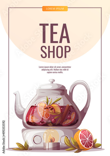 Flyer with Teapot with fruit and berry tea on the heating pad. Tea shop, break, cafe-bar, tea lover, tea party, beverages concept. A4 Vector illustration for poster, banner, flyer, menu, advertising. 
