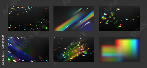Rainbow light rays, lens flare, reflection effect from crystal, glass or gem. Vector realistic illustration set of light leak effect with spectrum glare, prism refraction, lens flare