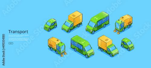 Banner with isometric transport, bus, mini van and car. Vector flat illustration of public passenger vehicles and automobiles. Concept of transportation, city traffic, taxi and travel