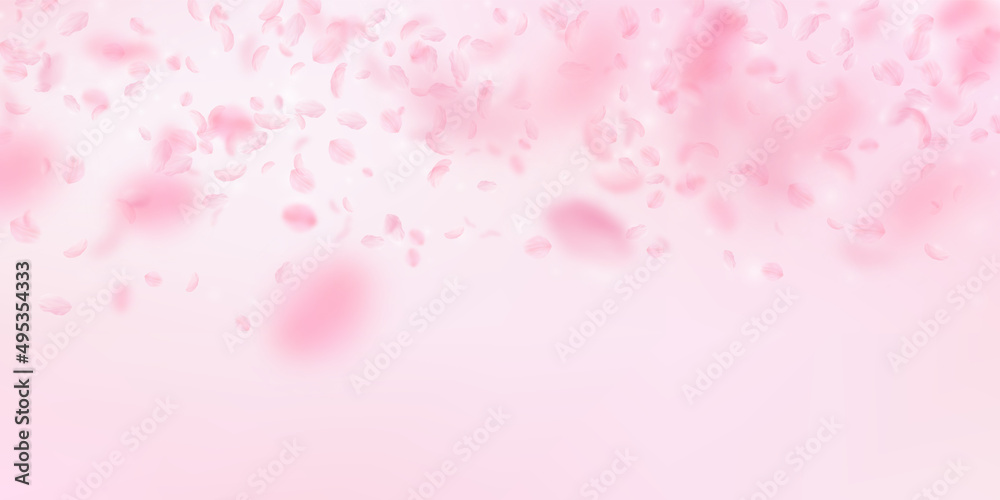 Sakura petals falling down. Romantic pink flowers gradient. Flying petals on pink wide background. Love, romance concept. Pleasing wedding invitation.