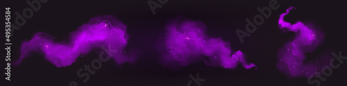 Purple paint powder splashes. Flows of magic dust with glitter particles and sparkles. Vector realistic set of flowing violet clouds of fog or steam with shimmer isolated on black background