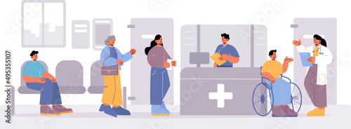 Patients characters waiting doctor appointment in hospital hallway with reception desk. Sick people sitting in clinic corridor, Health care and medicine service concept, Line art vector illustration