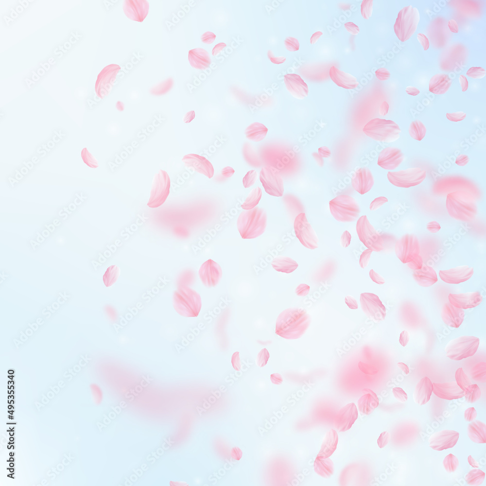 Sakura petals falling down. Romantic pink flowers gradient. Flying petals on blue sky square background. Love, romance concept. Radiant wedding invitation.